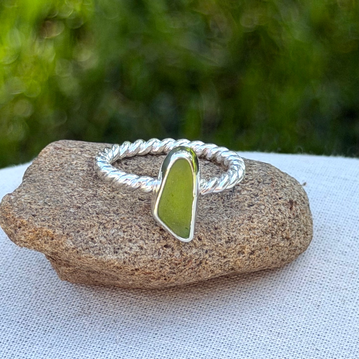 Green sea glass ring size 7