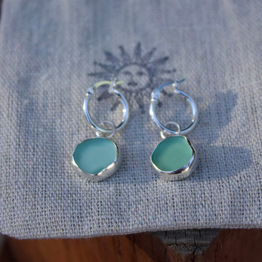 Blue green sea glass hoops