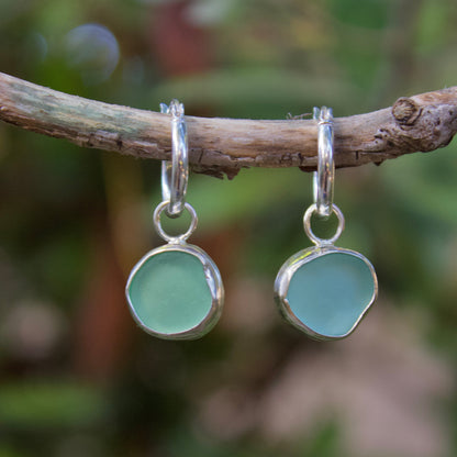 Blue green sea glass hoops
