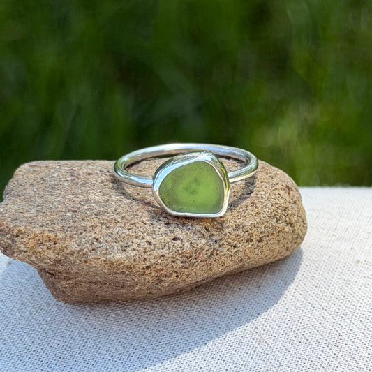 Green sea glass ring size 7