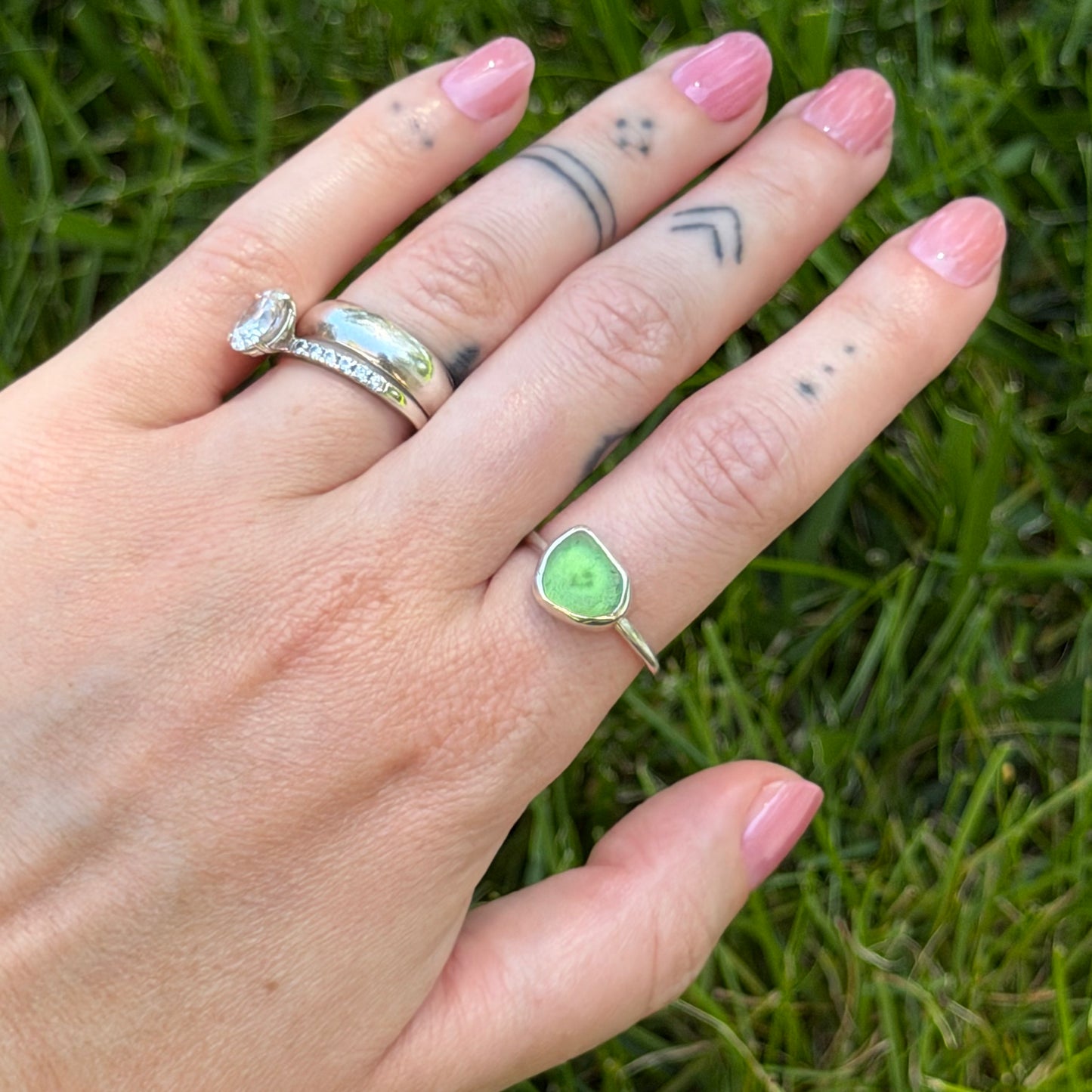 Green sea glass ring size 7