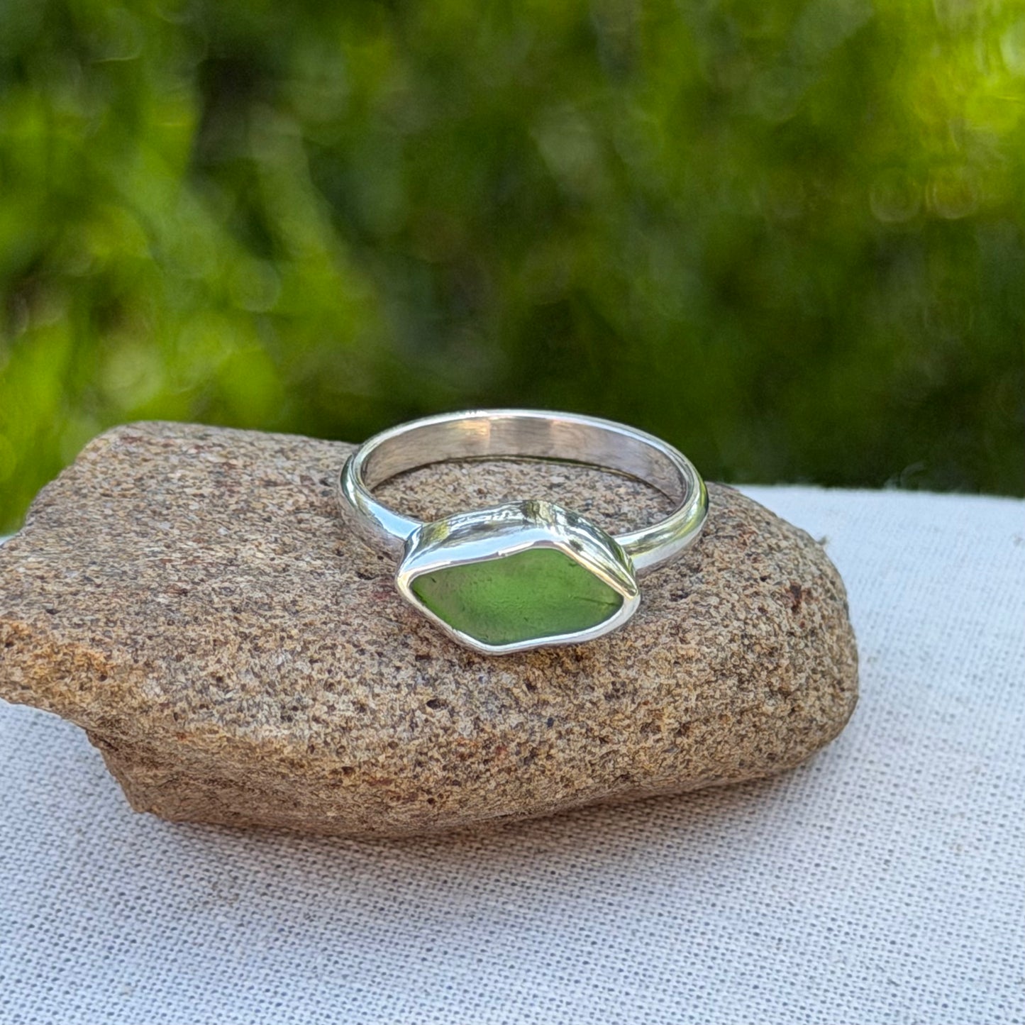 Green sea glass ring size 6