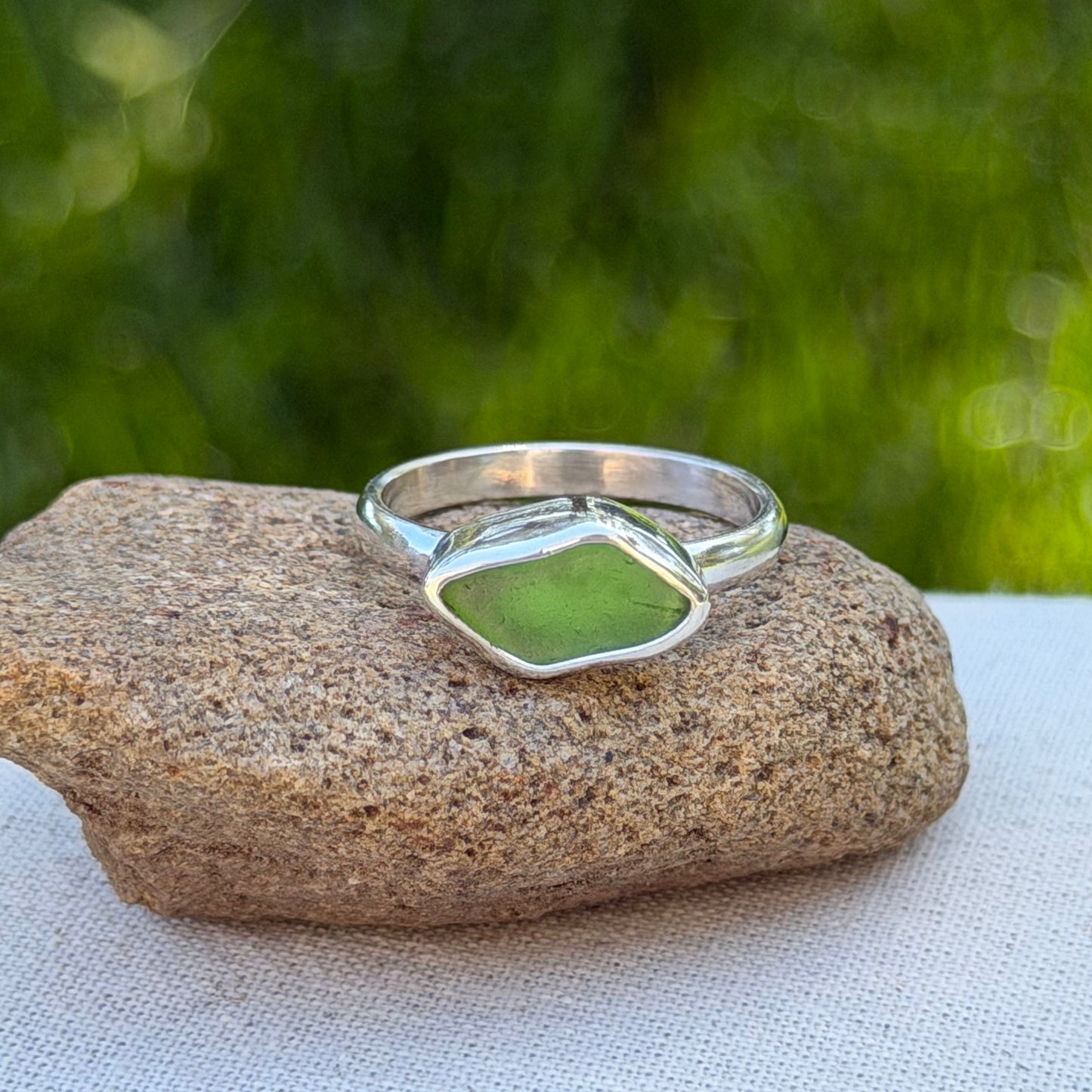 Green sea glass ring size 6