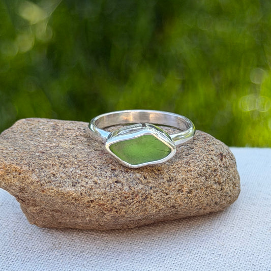 Green sea glass ring size 6