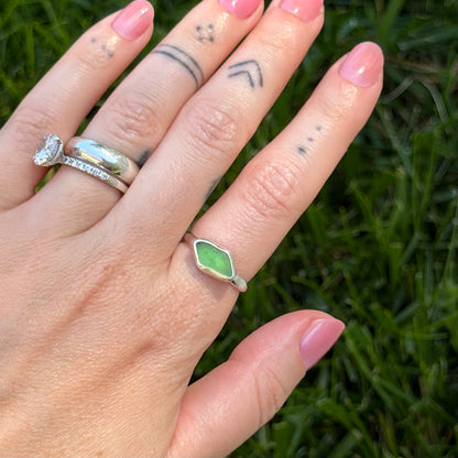 Green sea glass ring size 6