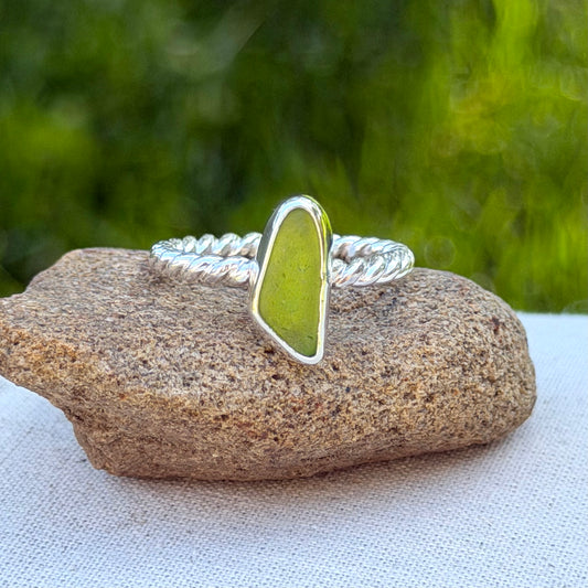 Green sea glass ring size 7