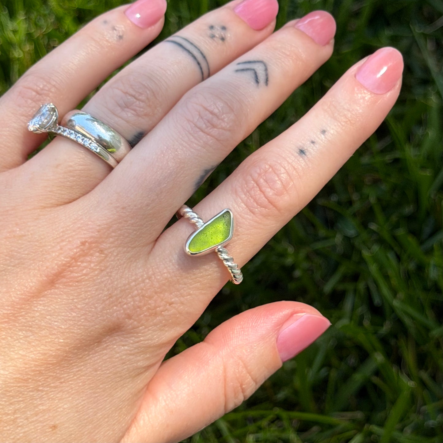 Green sea glass ring size 7