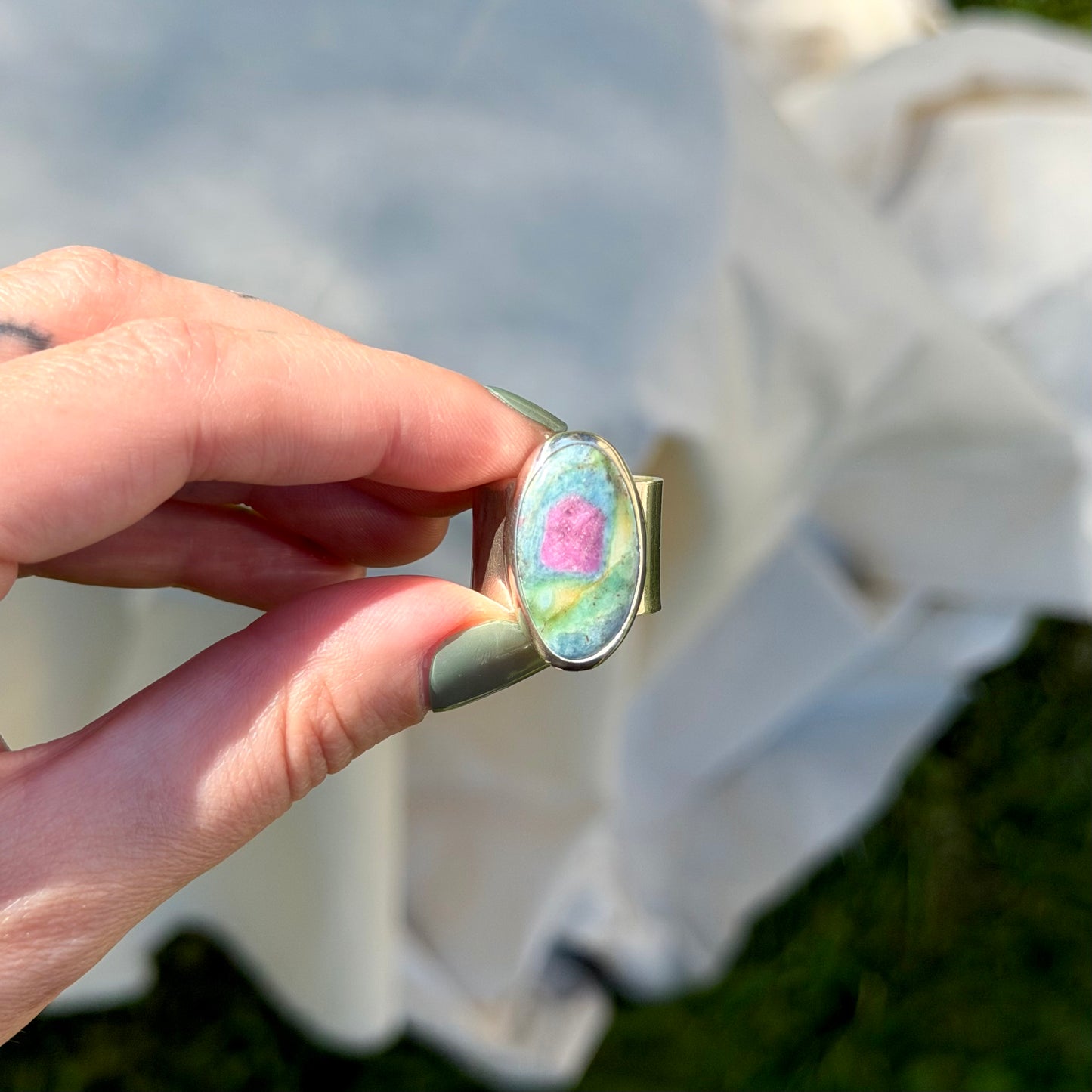 Adjustable ruby fuchsite ring