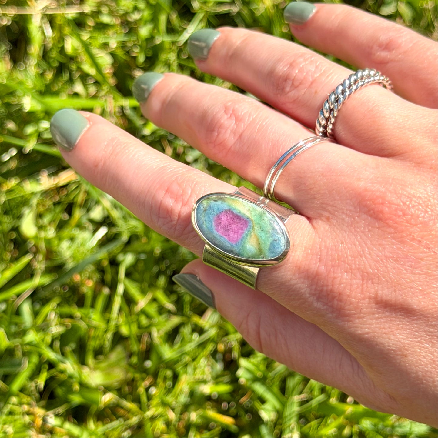 Adjustable ruby fuchsite ring