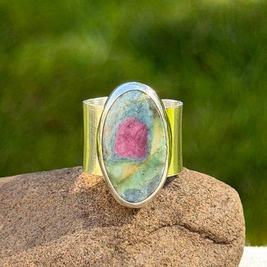 Adjustable ruby fuchsite ring
