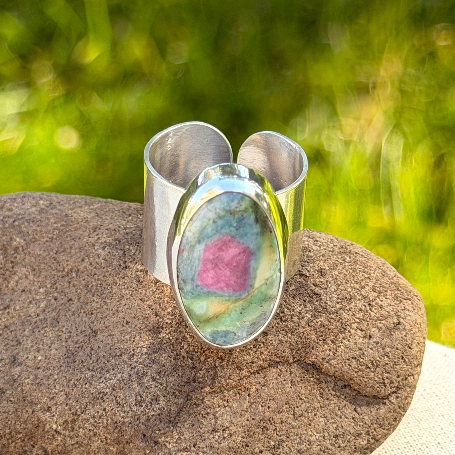 Adjustable ruby fuchsite ring