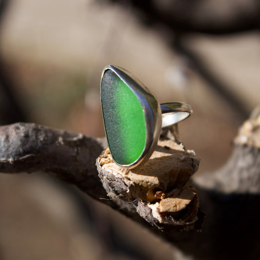 Forest green sea glass ring